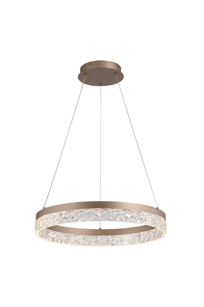 Madeleine Ø50 brun clair suspension De Searchlight - Sa structure en m&eacute;tal brun clair entoure un cercle contenant un diffuseur en acrylique transparent orn&eacute; d'un motif cristallin, cr&eacute;ant un jeu de lumi&egrave;re scintillant et enchanteur.