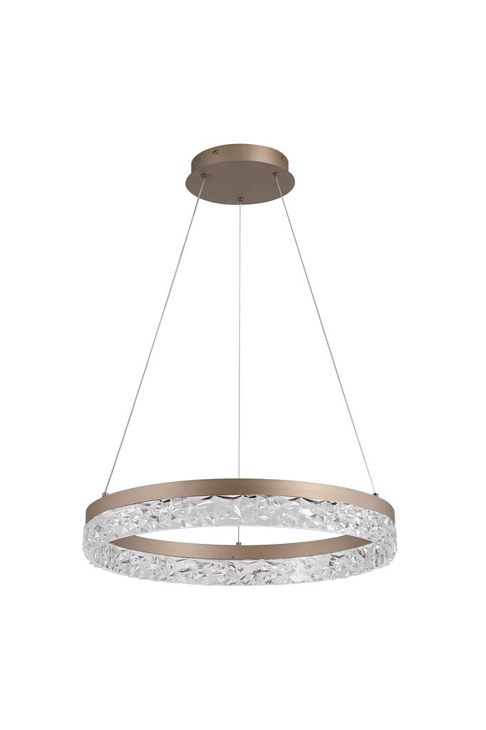Madeleine Ø50 brun clair suspension De Searchlight - Sa structure en m&eacute;tal brun clair entoure un cercle contenant un diffuseur en acrylique transparent orn&eacute; d'un motif cristallin, cr&eacute;ant un jeu de lumi&egrave;re scintillant et enchanteur.