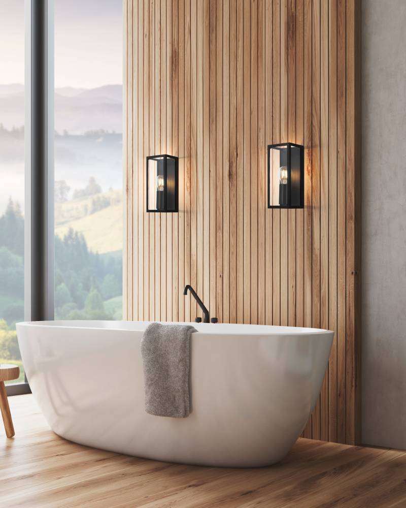 Amezola Noir lampe d’extérieur De Eglo - Cette applique murale minimaliste en métal noir et verre allie simplicité et style.
