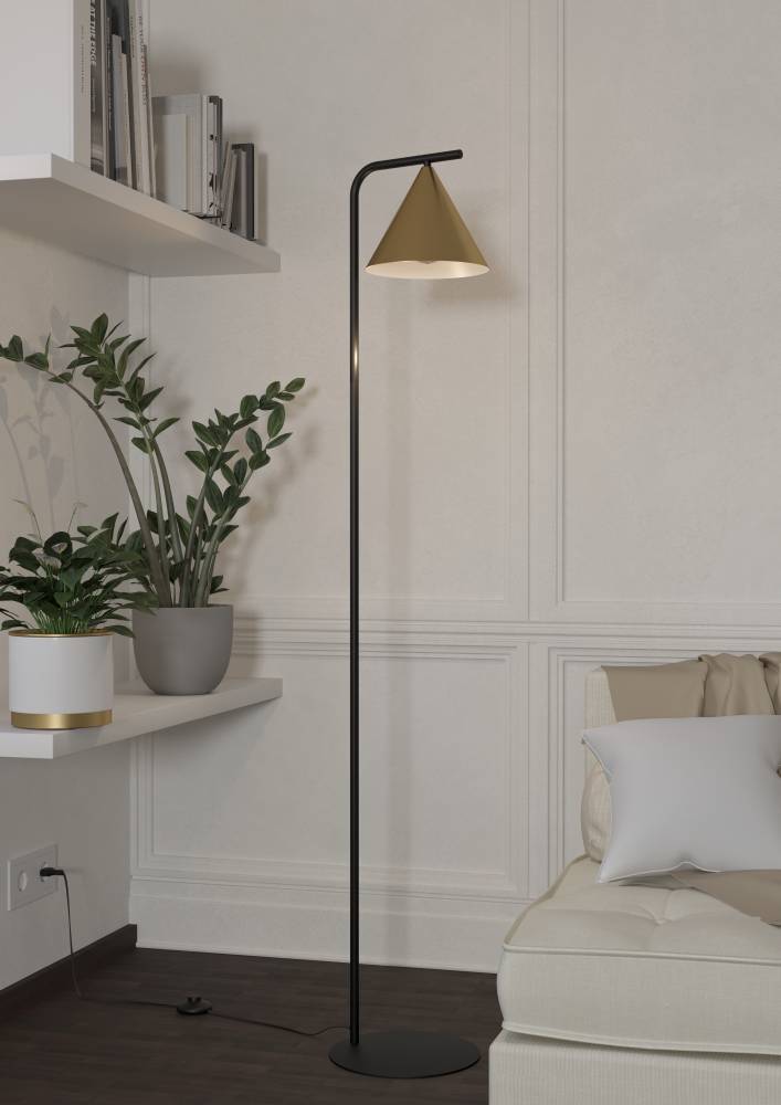 Narices Noir lampadaire De Eglo - Doté d'un élégant cadre noir et d'un superbe abat-jour avec un contour doré, il illumine non seulement votre pièce, mais fait également une déclaration tendance dans votre décoration intérieure.