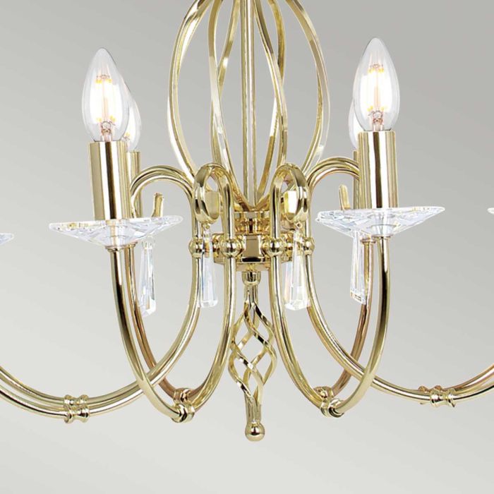 Aegean Ø65 Laiton poli suspension De Elstead Lighting - Aegean est un lustre &eacute;l&eacute;gant et d&eacute;coratif qui allie des d&eacute;tails en m&eacute;tal forg&eacute; &agrave; la main &agrave; des prismes &eacute;tincelants en cristal K9 taill&eacute;.
