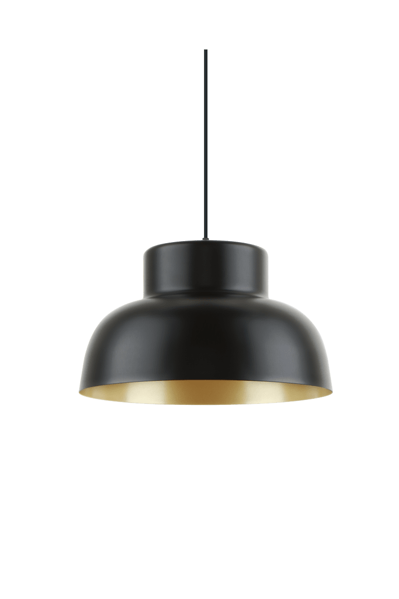 Bessie Ø40 Noir suspension De Aneta Lighting - L'intérieur de l'abat-jour est doré, ce qui contribue à une lumière légèrement plus chaude et à une atmosphère chaleureuse.