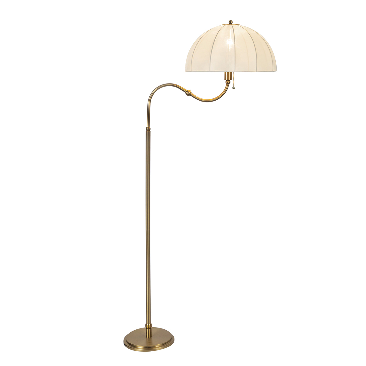 Crosby Or brossé lampadaire De Elstead Lighting - L'abat-jour en forme de d&ocirc;me, confectionn&eacute; dans un tissu fin et l&eacute;ger, diffuse agr&eacute;ablement la lumi&egrave;re, cr&eacute;ant une ambiance douce et chaleureuse.