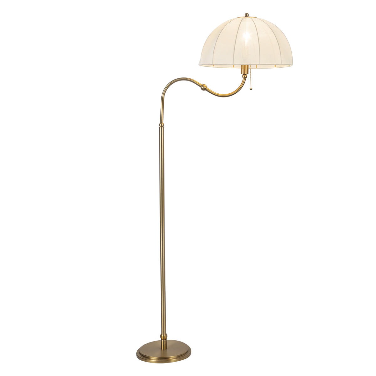 Crosby Or brossé lampadaire De Elstead Lighting - L'abat-jour en forme de d&ocirc;me, confectionn&eacute; dans un tissu fin et l&eacute;ger, diffuse agr&eacute;ablement la lumi&egrave;re, cr&eacute;ant une ambiance douce et chaleureuse.