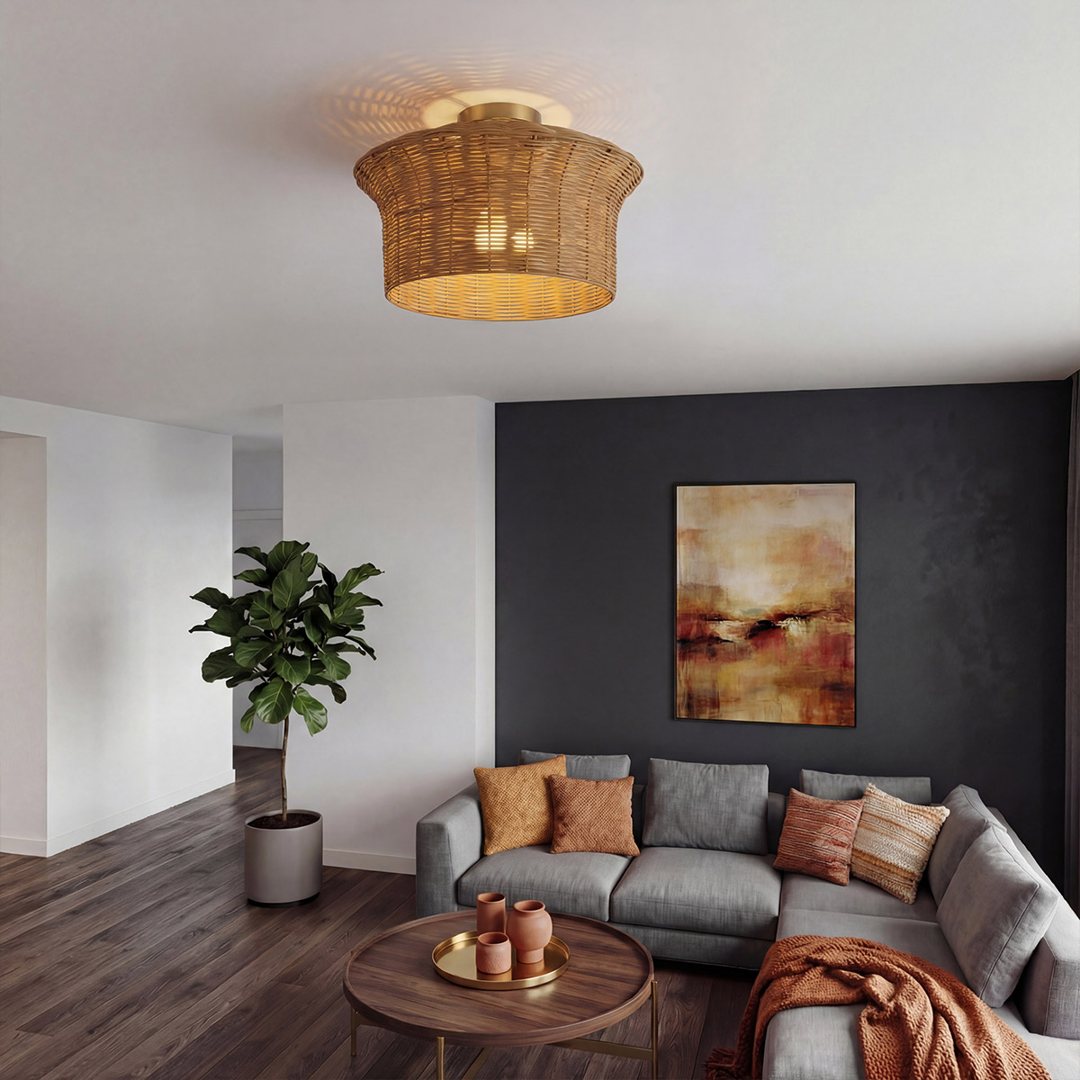 Kai Ø40 Nature plafonnier De Elstead Lighting - Kai est un plafonnier d&eacute;coratif qui associe le m&eacute;tal &agrave; un abat-jour en rotin.
