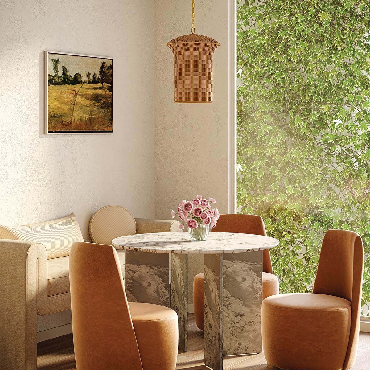 Kai Ø28 Nature suspension De Elstead Lighting - Le rotin naturel conf&egrave;re &agrave; la lampe une ambiance chaleureuse et accueillante, tandis que les d&eacute;tails en or bross&eacute; cr&eacute;ent un contraste &eacute;l&eacute;gant.