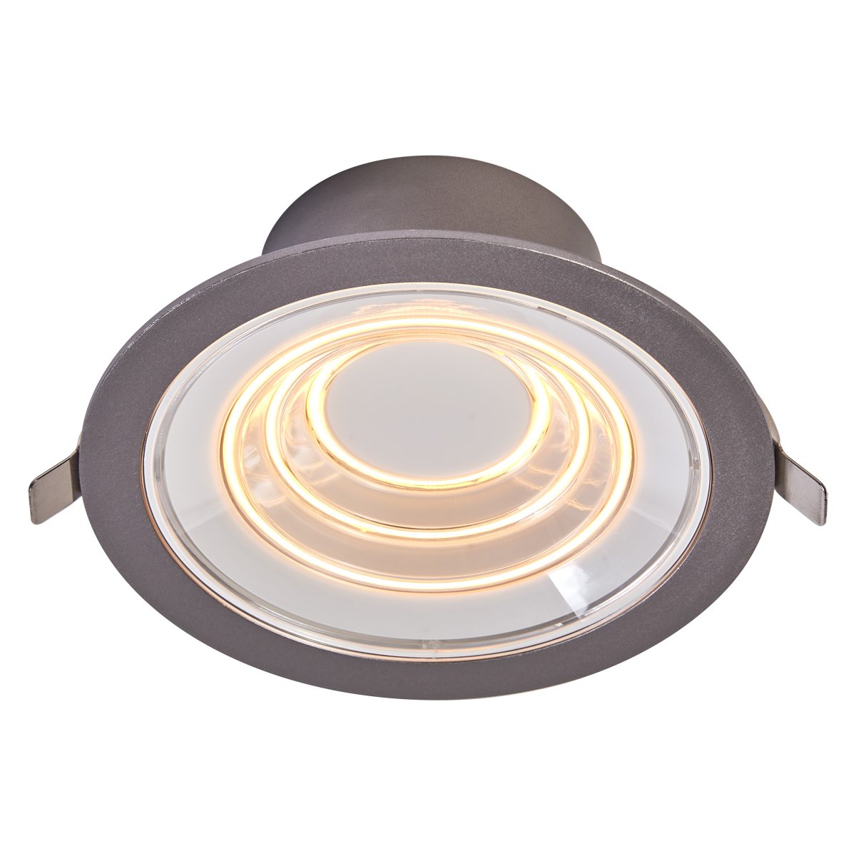 Decor Filament Ripple 9W Aluminium De Ledvance - Dans la premi&egrave;re position, le petit cercle du milieu s'allume, dans la deuxi&egrave;me position, le deuxi&egrave;me cercle s'allume, dans la troisi&egrave;me position, le troisi&egrave;me cercle le plus &agrave; l'ext&eacute;rieur s'allume et dans la quatri&egrave;me position, les trois s'allument en m&ecirc;me temps.
