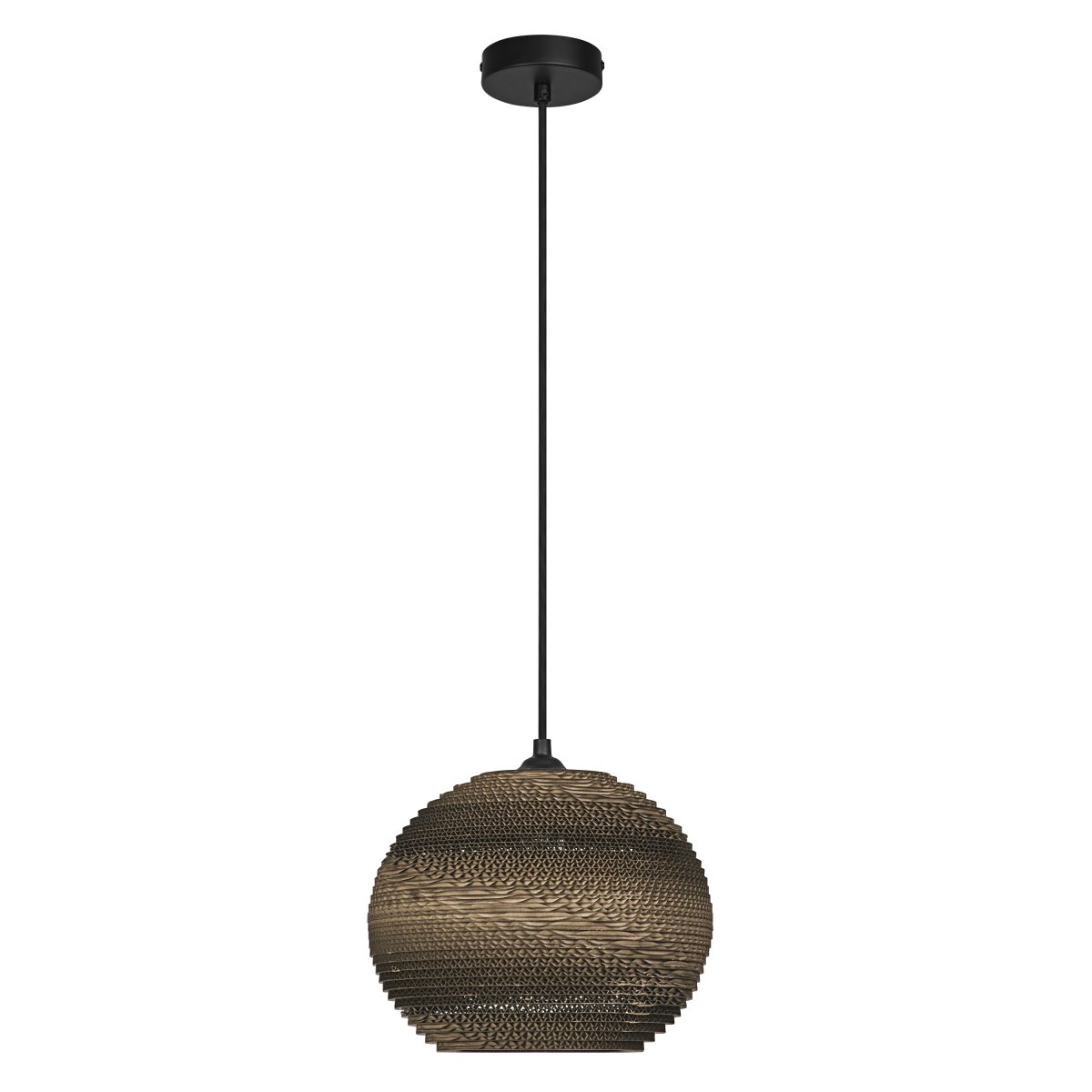 Cardboard Ball Ø26 Brun suspension De Osram - L'abat-jour rond compos&eacute; de plusieurs couches de carton cr&eacute;e un beau jeu de lumi&egrave;re dans la pi&egrave;ce lorsqu'il est &eacute;clair&eacute; et contribue &agrave; une atmosph&egrave;re chaleureuse et naturelle.