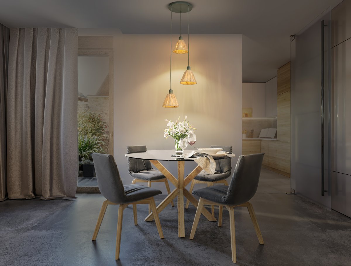 Raffia Ø43 Nature suspension De Ledvance - Les abat-jour en raphia associés au métal vert confèrent à la pièce une atmosphère chaleureuse et naturelle.