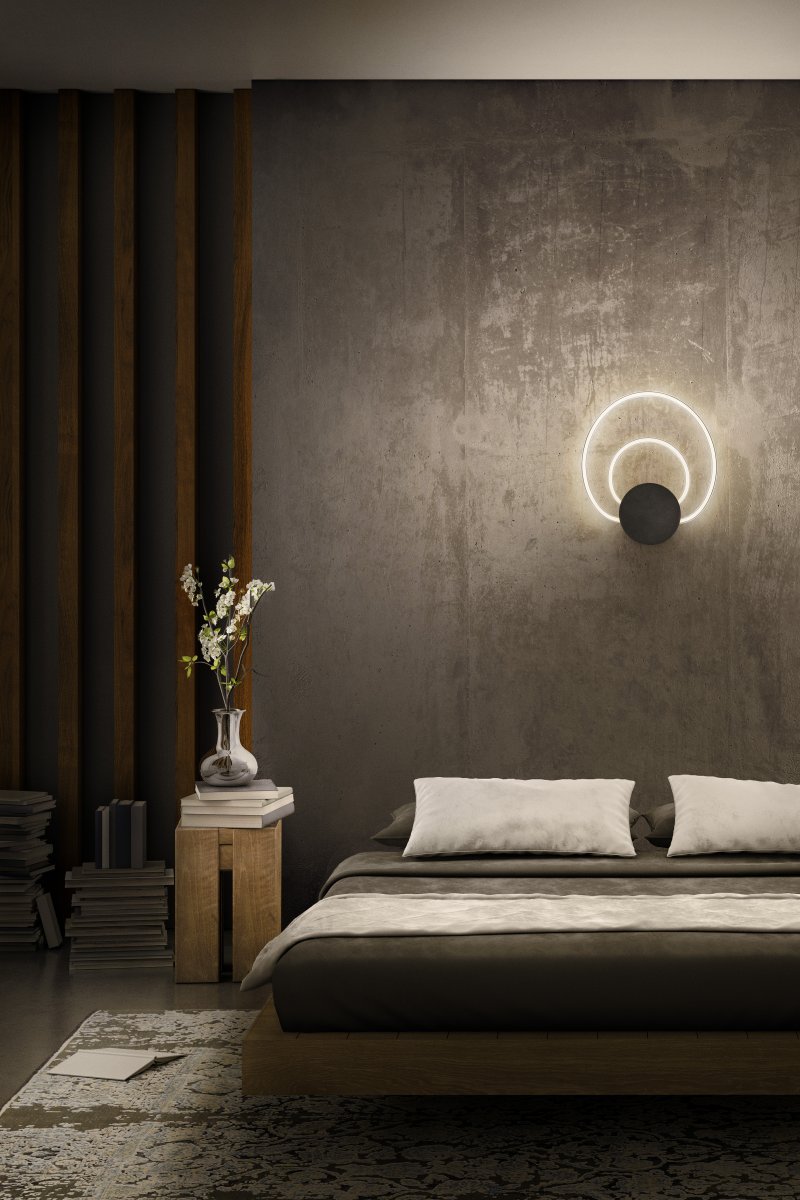 Helios 40cm Noir applique murale De Ledvance - Lampan har tv&aring; olika belysningspunkter med integrerad LED, ett indirekt ljus bakom v&auml;ggplattan och cirkelarna.