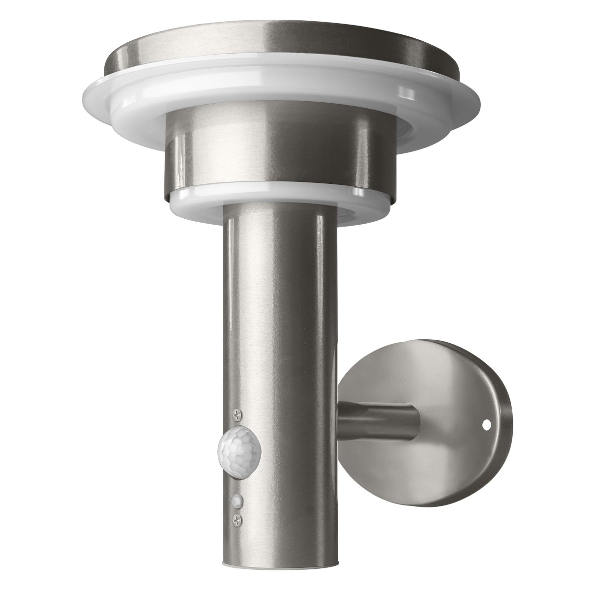 Double Circle Sensor Argent lampe solaire De Ledvance - Le capteur de mouvement PIR intégré et le capteur de lumière du jour allument automatiquement la lampe lorsqu'un mouvement est détecté dans l'obscurité, garantissant ainsi sécurité et efficacité énergétique.