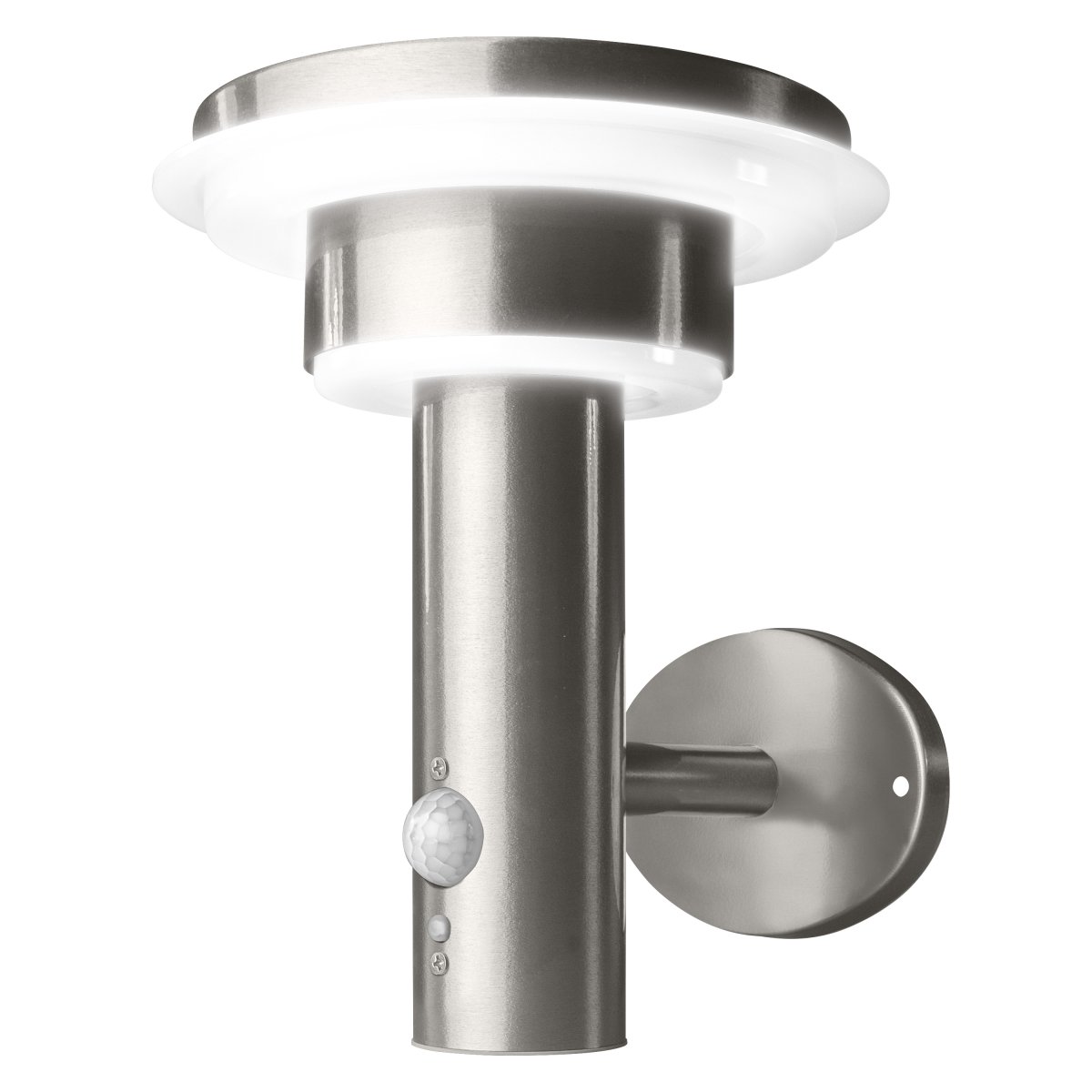 Double Circle Sensor Argent lampe solaire De Ledvance - Le capteur de mouvement PIR intégré et le capteur de lumière du jour allument automatiquement la lampe lorsqu'un mouvement est détecté dans l'obscurité, garantissant ainsi sécurité et efficacité énergétique.