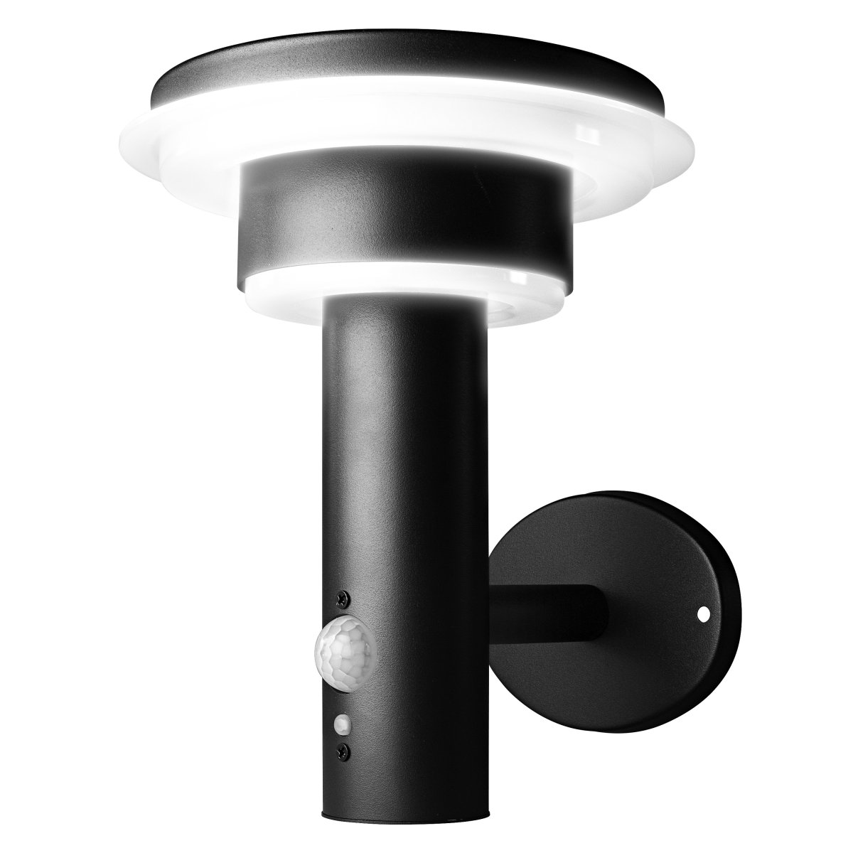 Double Circle Sensor Noir lampe solaire De Ledvance - Le capteur de mouvement PIR intégré et le capteur de lumière du jour allument automatiquement la lampe lorsqu'un mouvement est détecté dans l'obscurité, garantissant ainsi sécurité et efficacité énergétique.