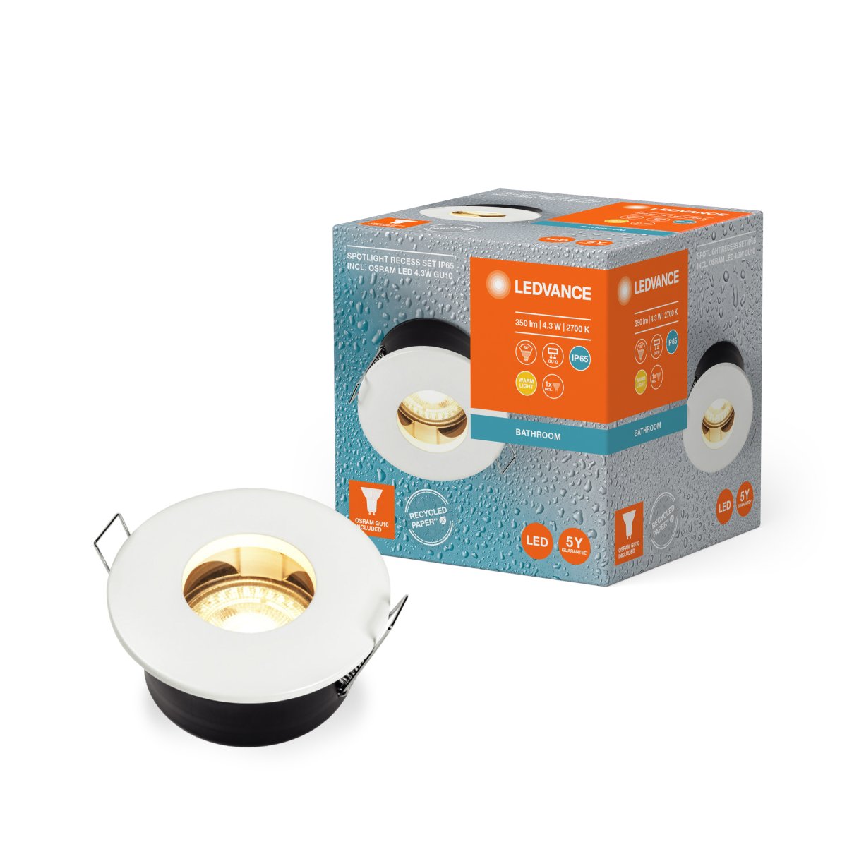 Recess IP65 GU10 4W Blanc De Ledvance - Inf&auml;lld spotlight f&ouml;r badrum d&auml;r 1st GU10 4,3W ljusk&auml;lla fr&aring;n Osram medf&ouml;ljer.