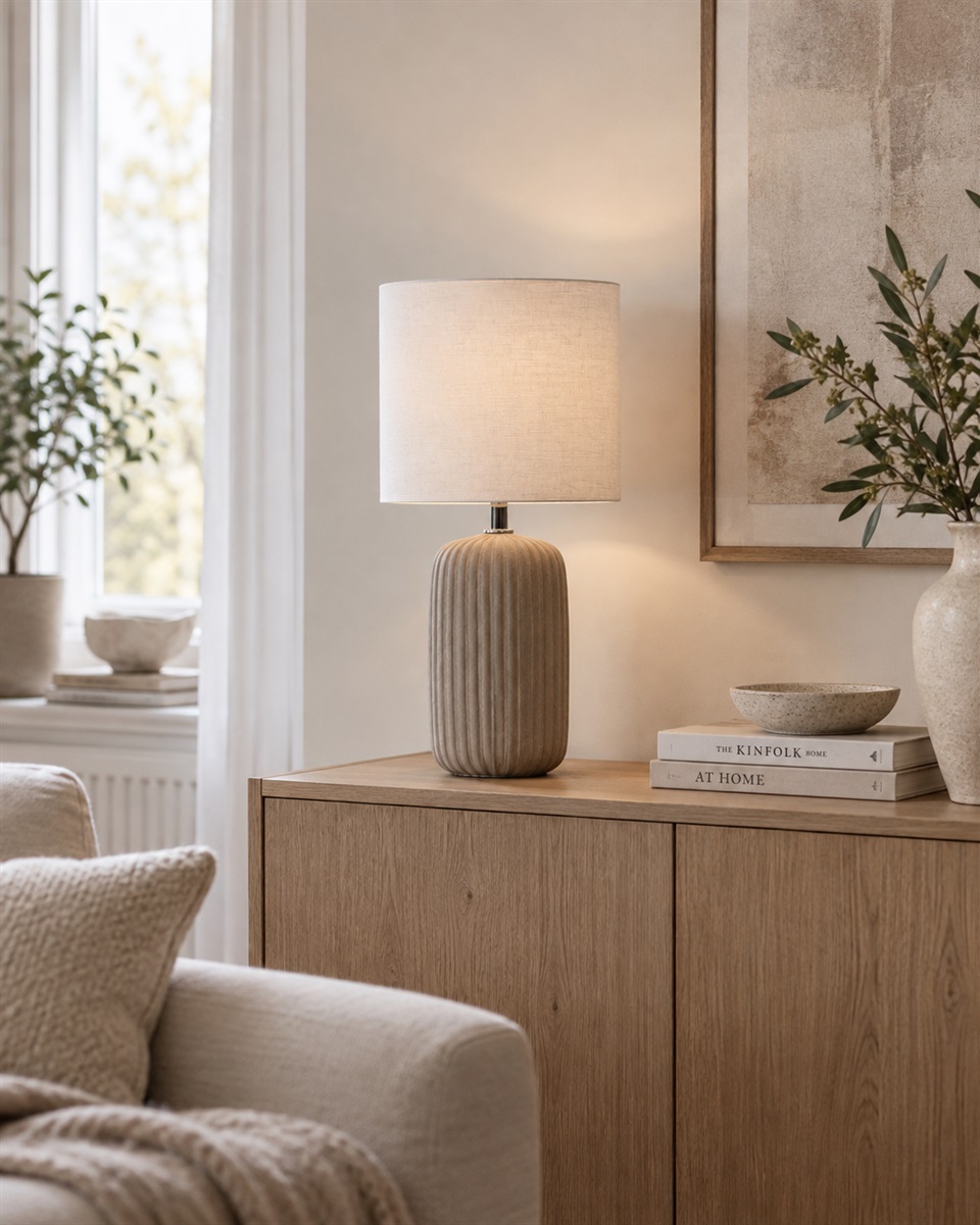 Palizzo 33cm Brun lampe de table De Nordic Lighting - Le pied pr&eacute;sente une surface mate, &eacute;voquant le sable, dans une chaude teinte brune, et une texture c&ocirc;tel&eacute;e, conf&eacute;rant &agrave; la lampe une allure douce et d&eacute;corative.