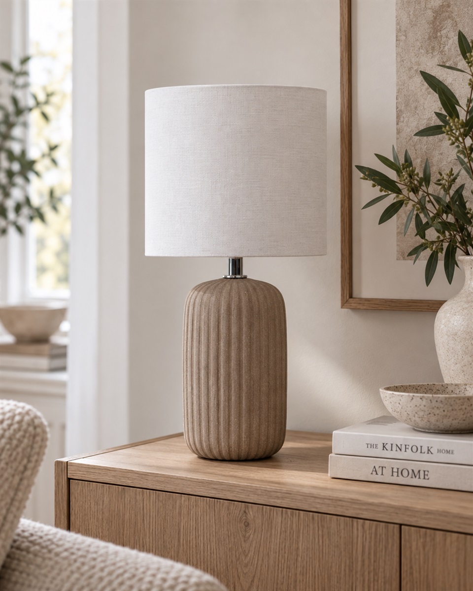Palizzo 33cm Brun lampe de table De Nordic Lighting - Le pied pr&eacute;sente une surface mate, &eacute;voquant le sable, dans une chaude teinte brune, et une texture c&ocirc;tel&eacute;e, conf&eacute;rant &agrave; la lampe une allure douce et d&eacute;corative.