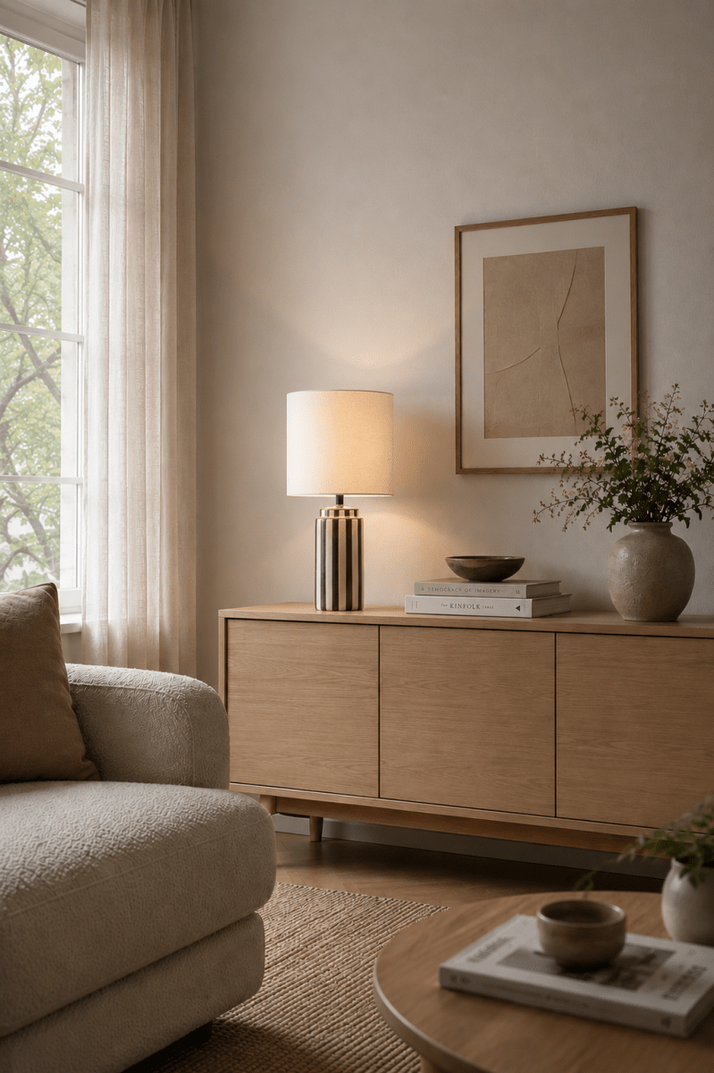 Faro 50cm Brun/blanc lampe de table De Nordic Lighting - Son pied en c&eacute;ramique, finition blanc cr&egrave;me et rayures brunes, cr&eacute;e un style &agrave; la fois dynamique et harmonieux.