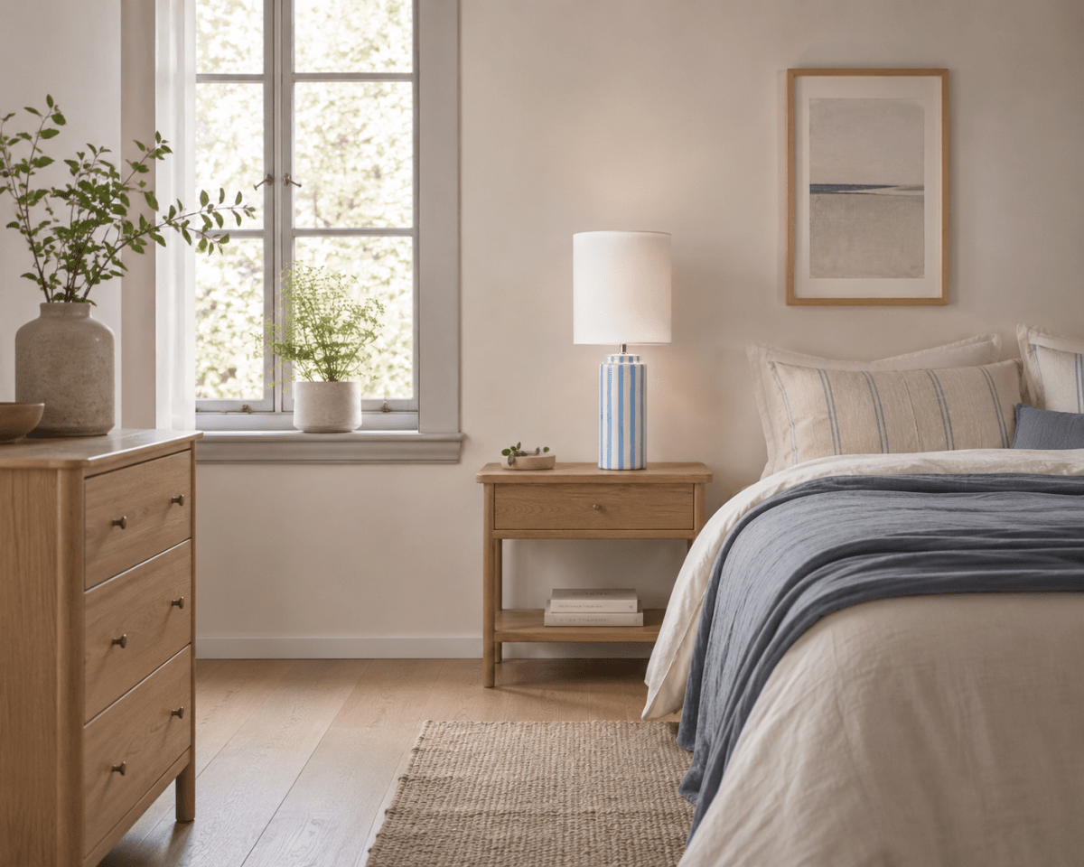 Faro 50cm Bleu clair/blanc lampe de table De Nordic Lighting - Son pied en c&eacute;ramique blanc cr&egrave;me est orn&eacute; de rayures bleu clair, cr&eacute;ant un style &agrave; la fois dynamique et harmonieux.
