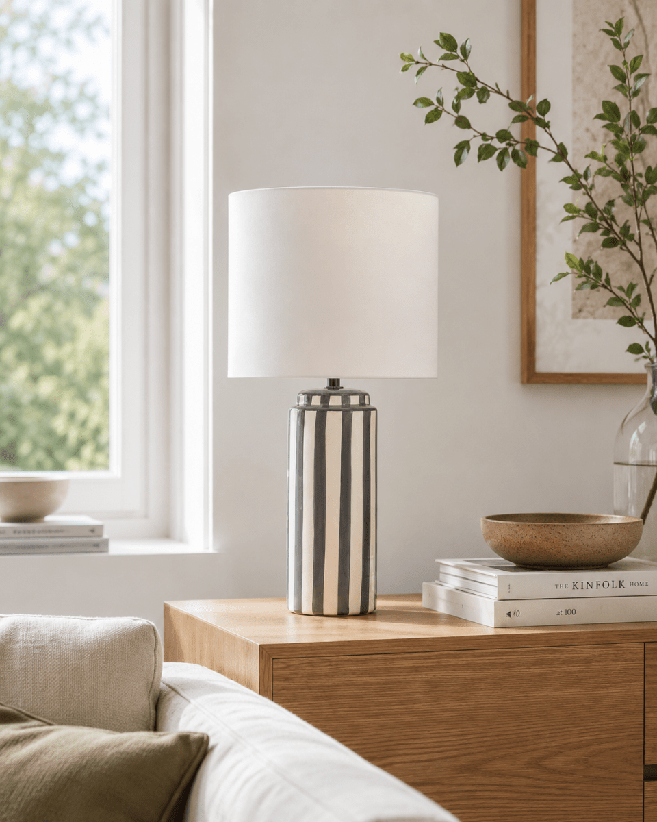 Faro 50cm Gris/blanc lampe de table De Nordic Lighting - Son pied en c&eacute;ramique, finition blanc cr&egrave;me et rayures grises, cr&eacute;e un style &agrave; la fois dynamique et harmonieux.