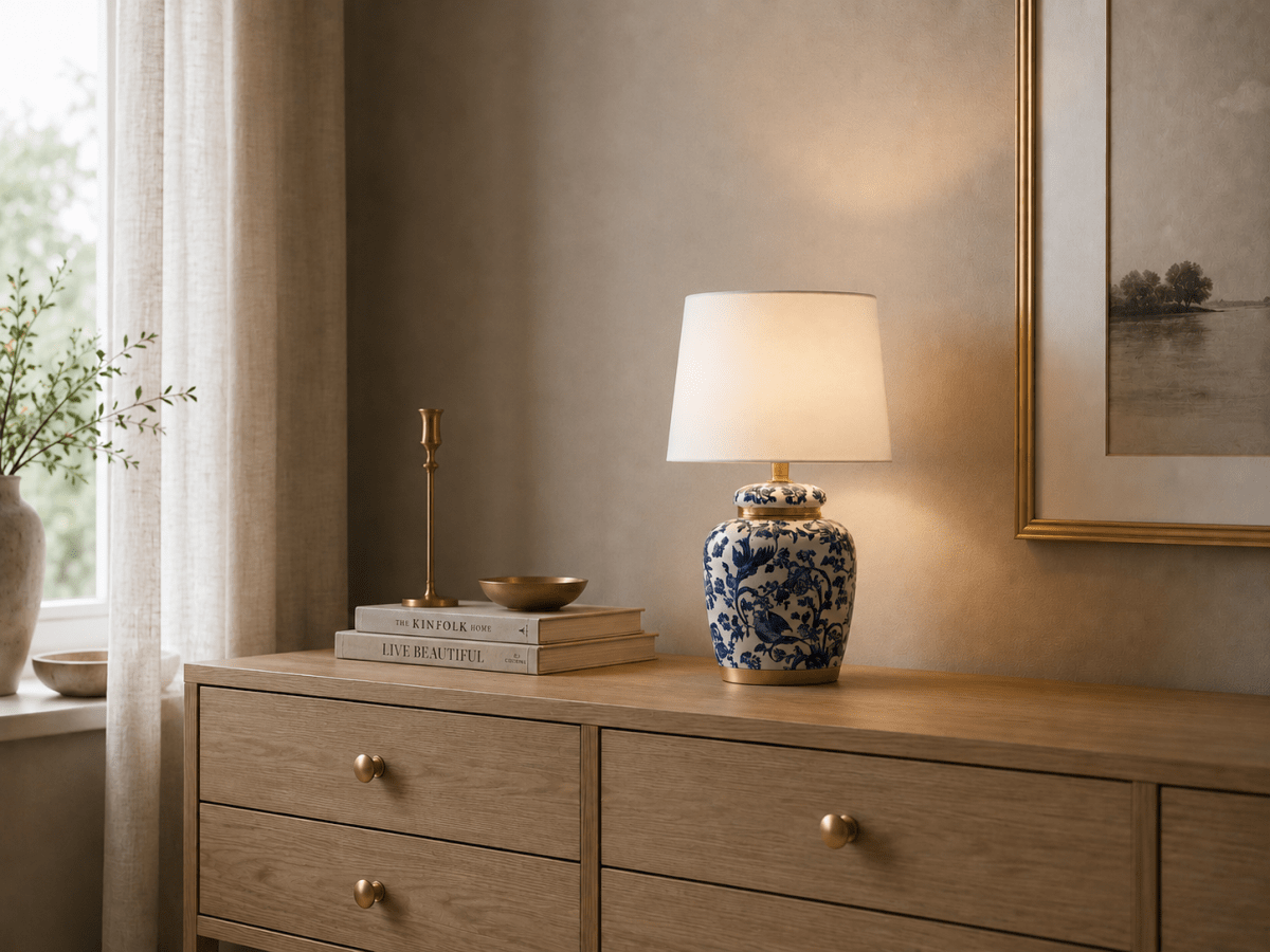 Blomsterlilla 30cm Bleu lampe de table De Lampan - Magnifique lampe de table orn&eacute;e d'un motif d&eacute;coratif bleu et blanc sur son pied en porcelaine et de d&eacute;tails en laiton.