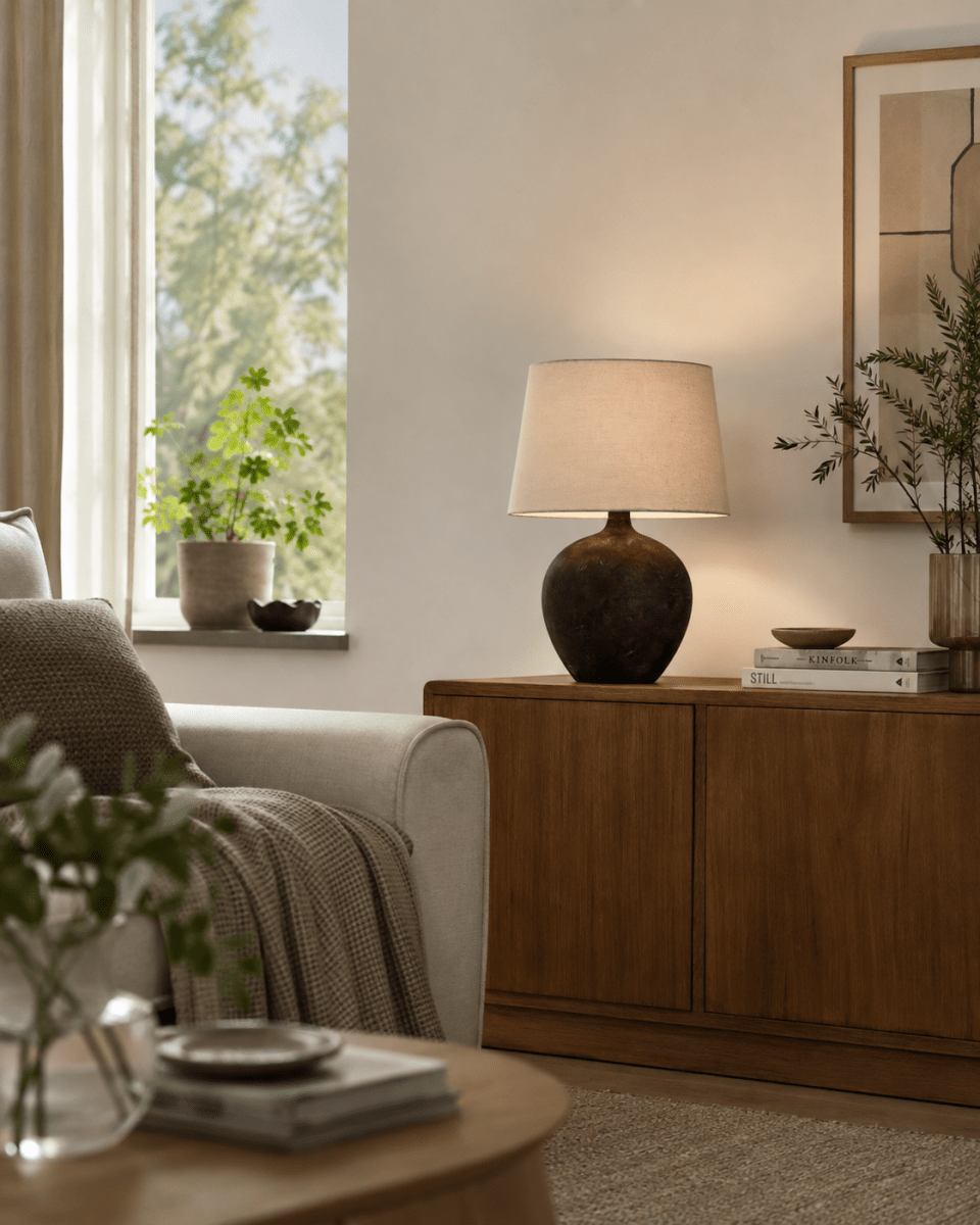 Bella 42cm Brun foncé lampe de table De Nordic Lighting - La lampe de table Bella est dot&eacute;e d'un magnifique pied en c&eacute;ramique brun fonc&eacute; &agrave; la finition rustique et d'un abat-jour en lin beige.