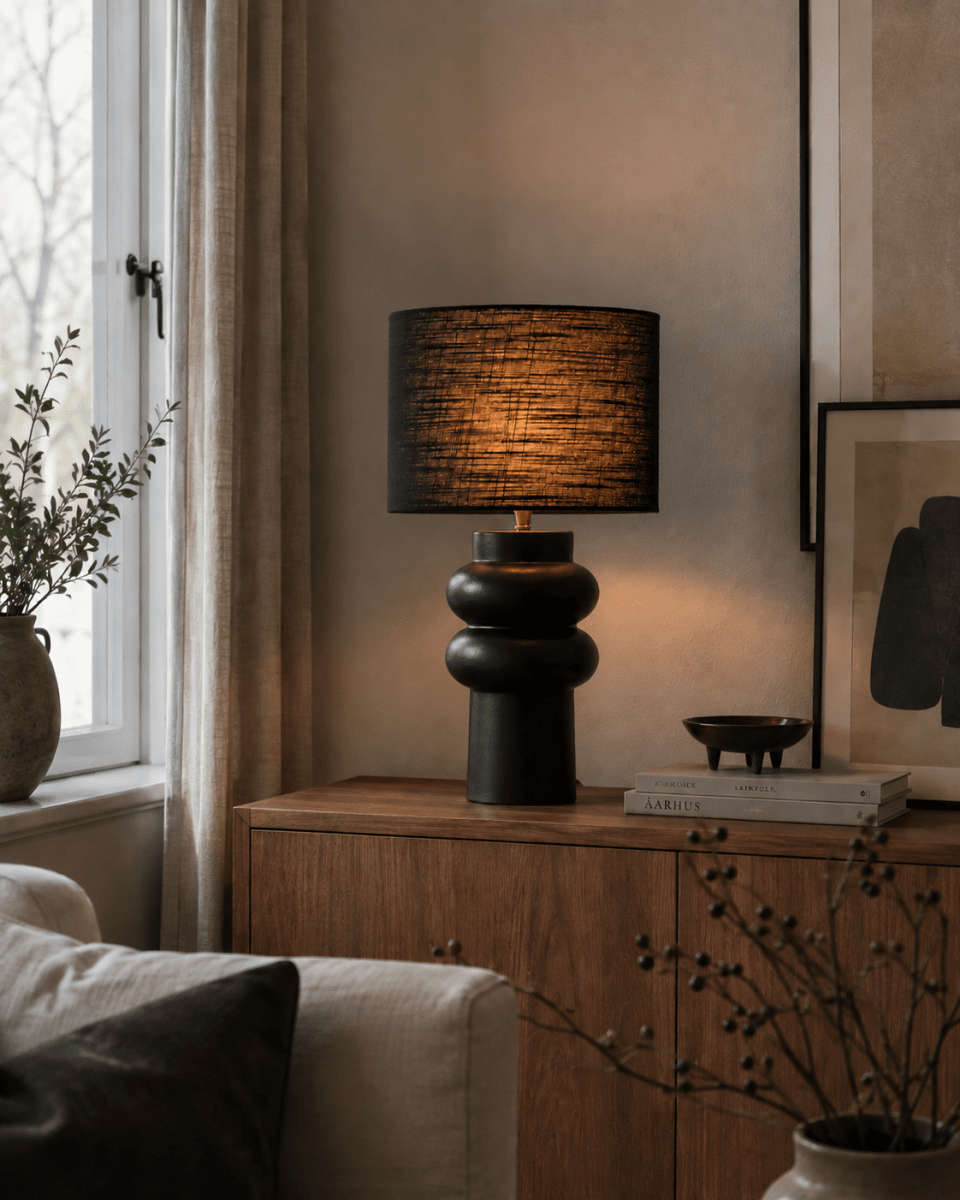 Anelli 56cm Noir lampe de table De Nordic Lighting - Elle est fournie avec un c&acirc;ble en plastique noir de 1,8 m et un interrupteur avec prise.