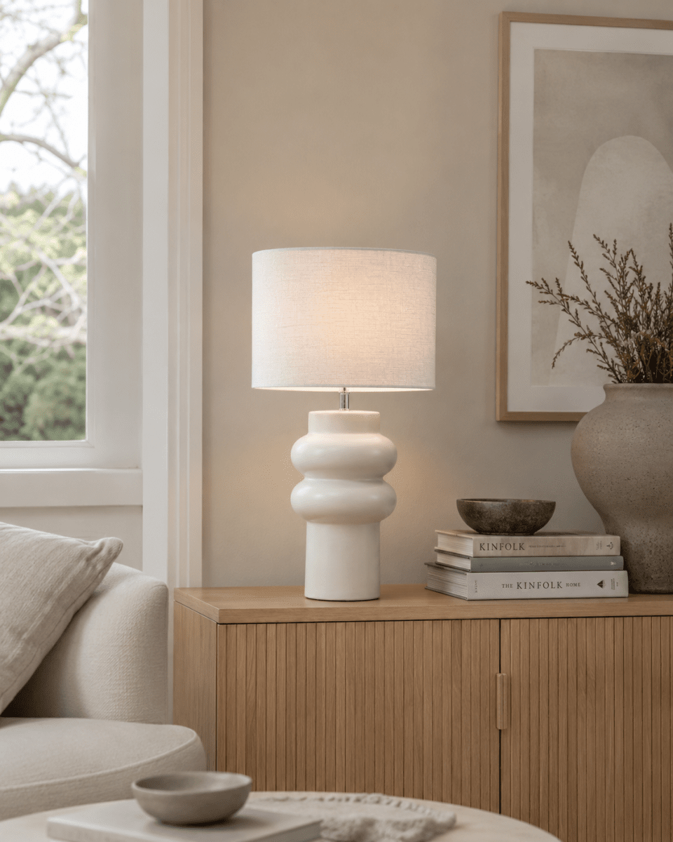 Anelli 56cm Blanc lampe de table De Nordic Lighting - La lampe de table Anelli allie un élégant pied en céramique à un élégant abat-jour en lin.