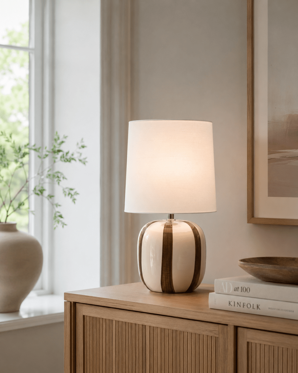 Pholca 38cm Blanc/brun lampe de table De Nordic Lighting - Pholca trouve parfaitement sa place sur une table d'appoint, pr&egrave;s d'une fen&ecirc;tre ou sur une table de chevet et s'accorde aussi bien avec un int&eacute;rieur moderne que classique.