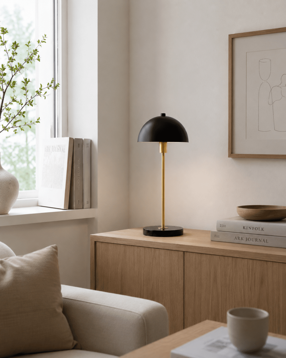 Dito 47cm Noir lampe de table De Nordic Lighting - Son abat-jour noir et son socle en marbre lui conf&egrave;rent une allure sophistiqu&eacute;e, tandis que sa tige &agrave; la finition dor&eacute;e brillante apporte une touche chaleureuse et luxueuse.