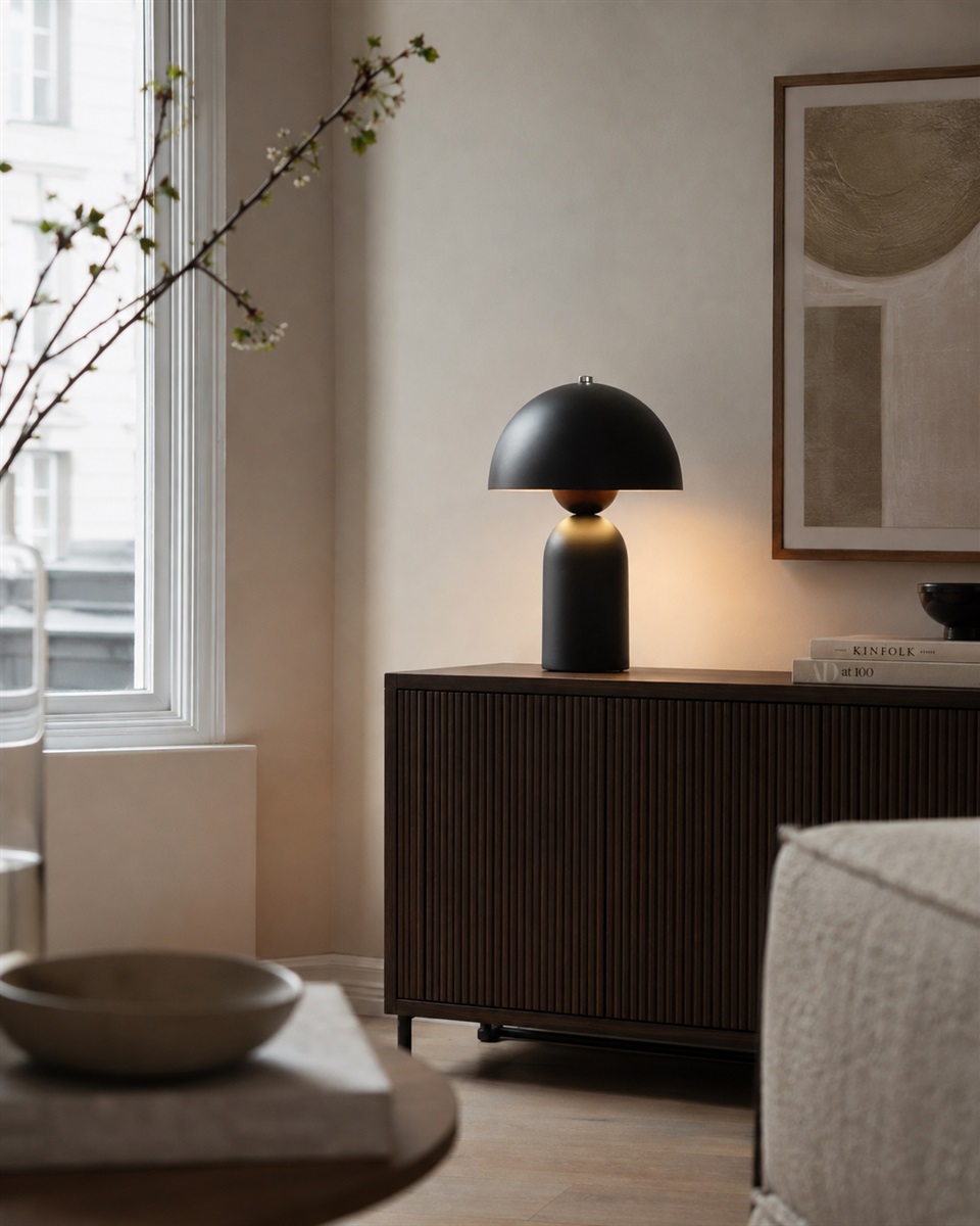 Capello 35cm Noir lampe de table De Nordic Lighting - Le d&eacute;tail chrom&eacute; d&eacute;coratif sur le dessus apporte une touche d'&eacute;l&eacute;gance et en fait un magnifique point de mire dans les chambres, les salons et les couloirs.