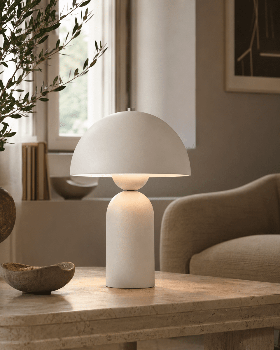 Capello 35cm Blanc lampe de table De Nordic Lighting - Le d&eacute;tail chrom&eacute; d&eacute;coratif sur le dessus apporte une touche d'&eacute;l&eacute;gance et en fait un magnifique point de mire dans les chambres, les salons et les couloirs.