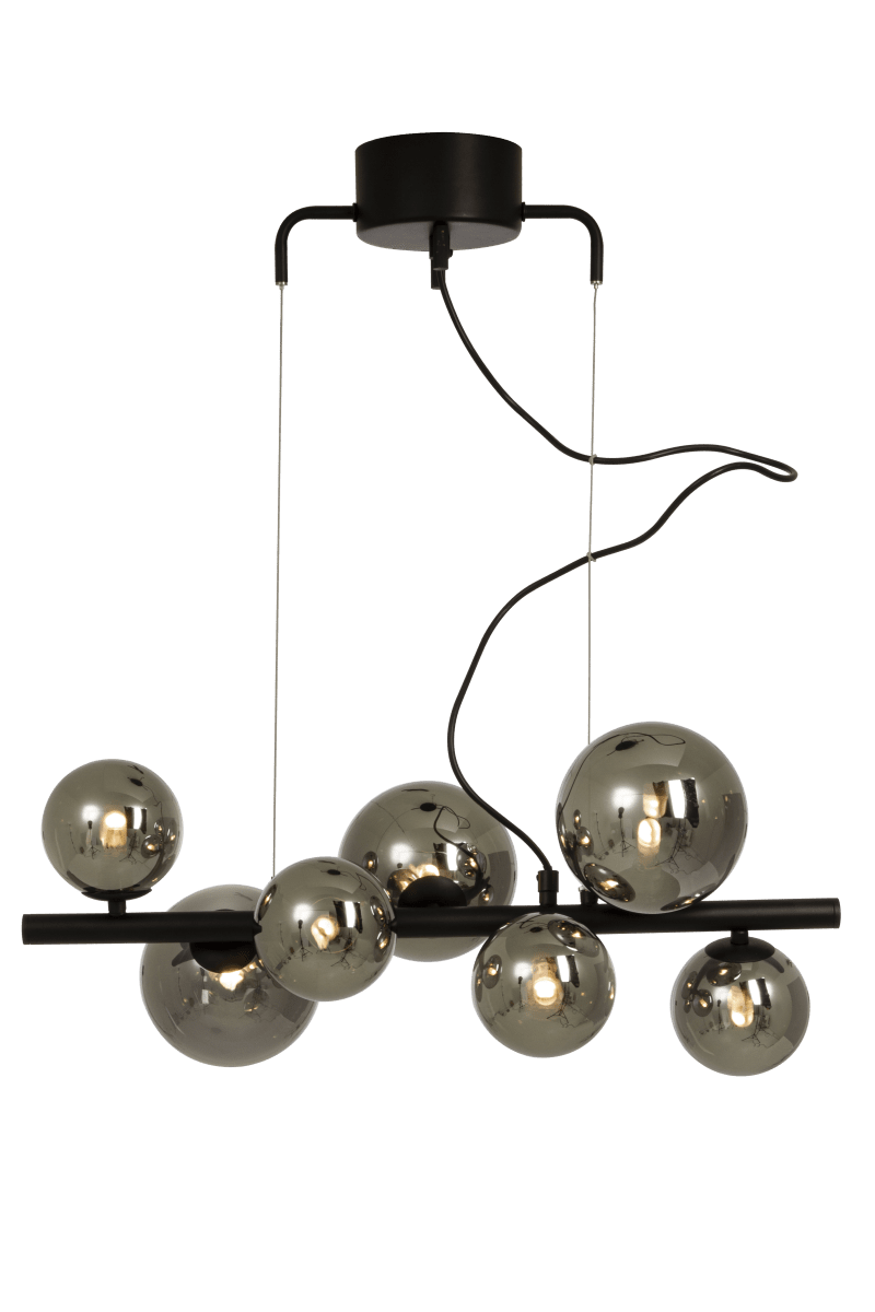 Molekyl 58cm Gris fumé suspension De Aneta Lighting - Plafonnier moderne et élégant de MOLEKYL en métal laqué noir avec 7 abat-jour en verre fumé en deux couleurs.