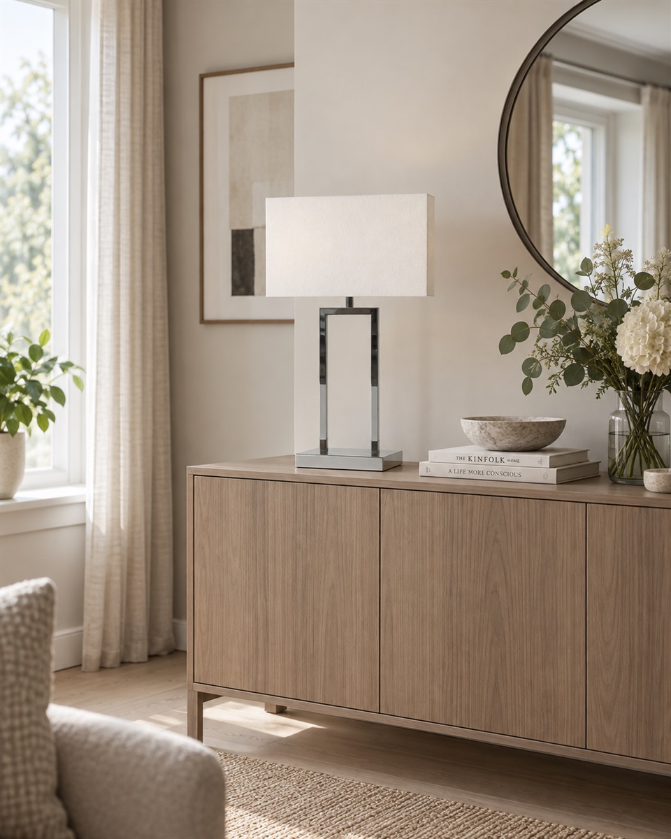 Gemma 52cm Chrome lampe de table De Nordic Lighting - Son abat-jour rectangulaire en tissu blanc diffuse une lumi&egrave;re douce et agr&eacute;able, id&eacute;ale pour les chambres, les salons et les couloirs.