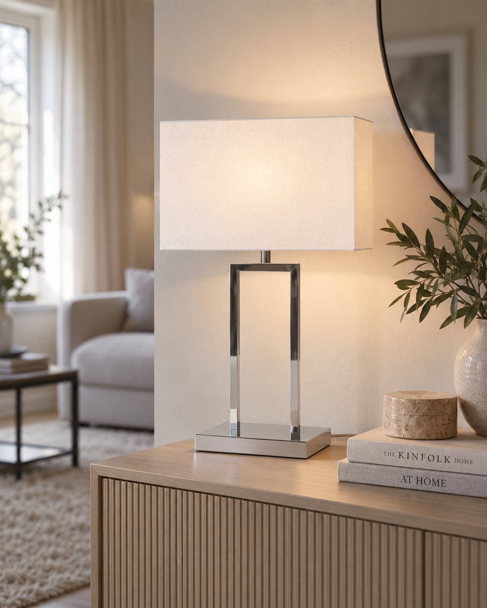 Gemma 52cm Chrome lampe de table De Nordic Lighting - Son abat-jour rectangulaire en tissu blanc diffuse une lumi&egrave;re douce et agr&eacute;able, id&eacute;ale pour les chambres, les salons et les couloirs.