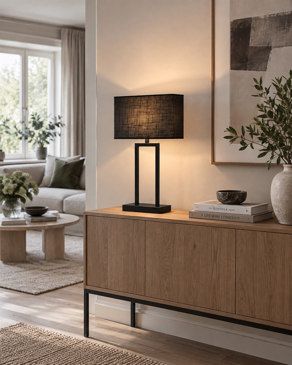 Gemma 52cm Noir lampe de table De Nordic Lighting - Son abat-jour rectangulaire en tissu noir diffuse une lumi&egrave;re douce et agr&eacute;able, id&eacute;ale pour les chambres, les salons et les couloirs.