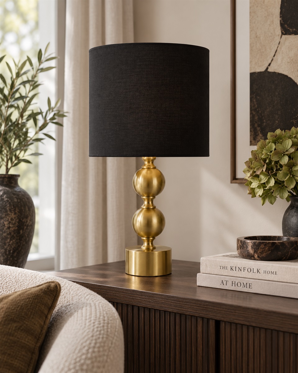 Circolo 48cm Laiton/noir lampe de table De Nordic Lighting - La lampe de table Circolo associe un pied d&eacute;coratif en m&eacute;tal &agrave; une &eacute;l&eacute;gante finition laiton et un abat-jour classique en lin noir.