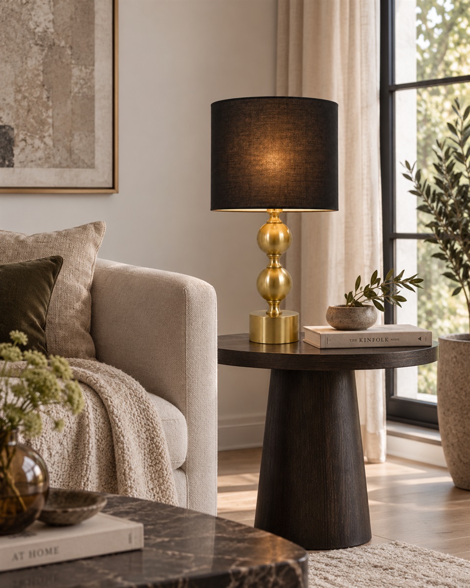 Circolo 48cm Laiton/noir lampe de table De Nordic Lighting - La lampe de table Circolo associe un pied d&eacute;coratif en m&eacute;tal &agrave; une &eacute;l&eacute;gante finition laiton et un abat-jour classique en lin noir.