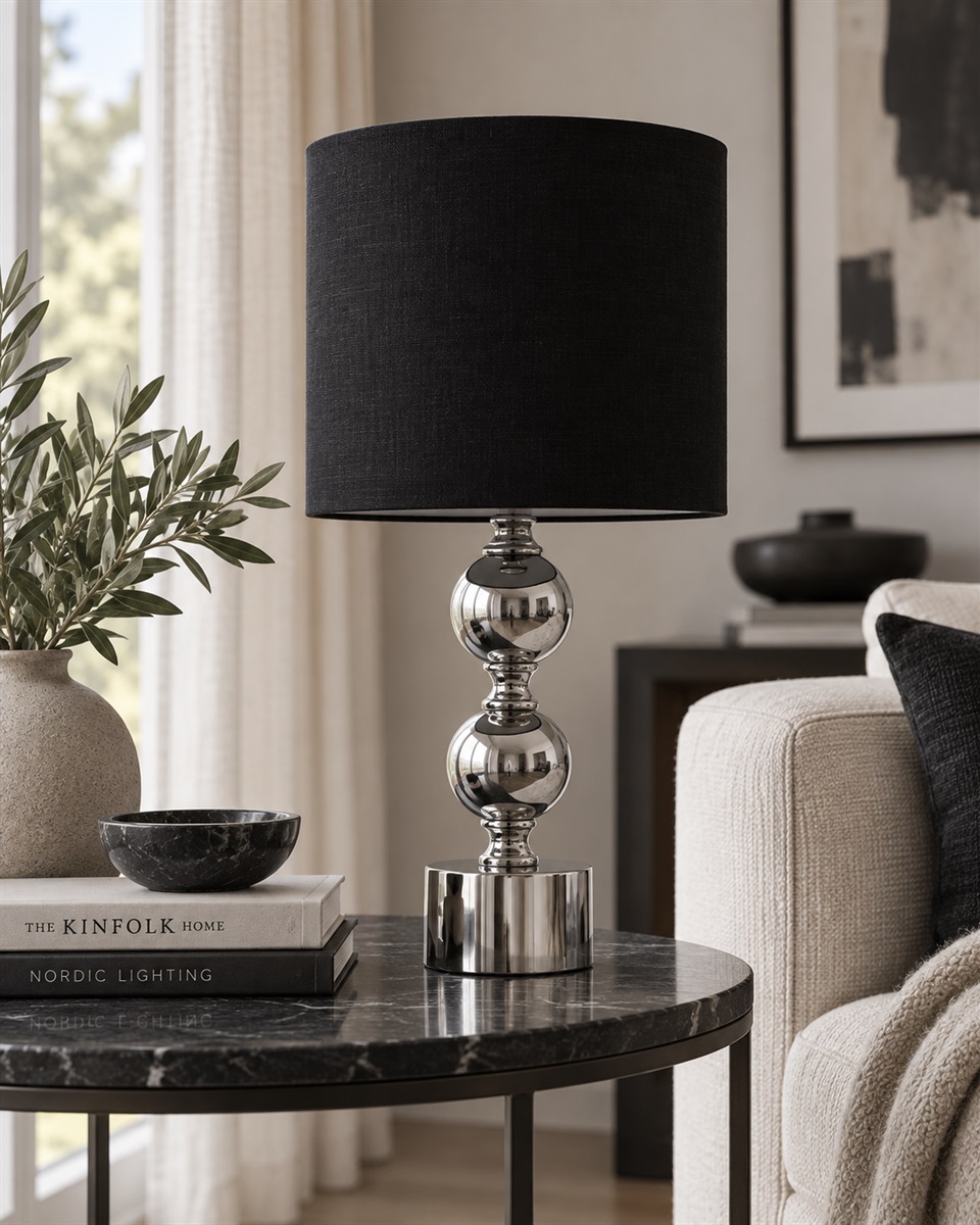 Circolo 48cm Chrome/noir lampe de table De Nordic Lighting - La lampe de table Circolo associe un pied d&eacute;coratif en m&eacute;tal &agrave; une &eacute;l&eacute;gante finition chrom&eacute;e et un abat-jour classique en lin noir.