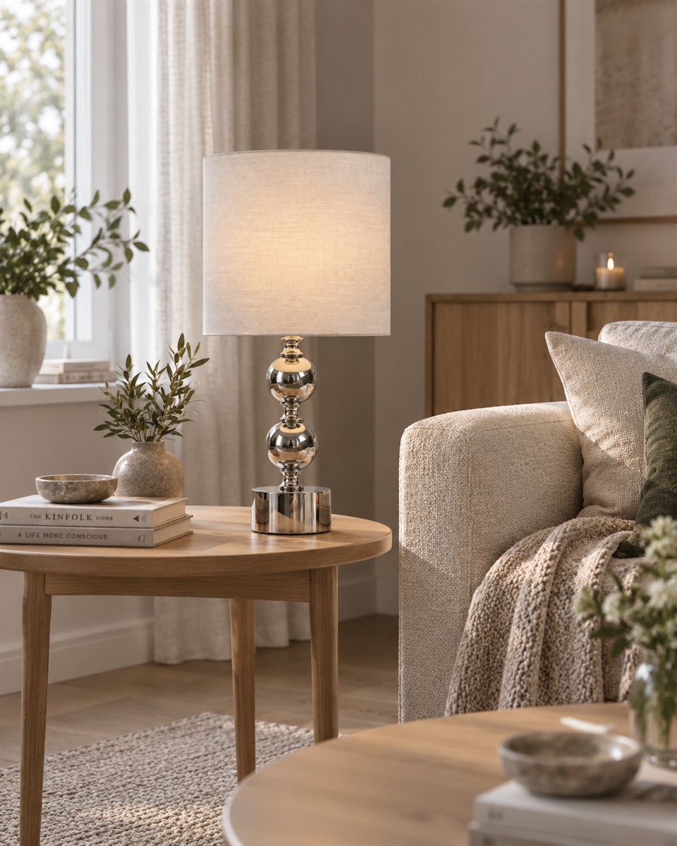 Circolo 48cm Chrome/blanc lampe de table De Nordic Lighting - La lampe de table Circolo associe un pied d&eacute;coratif en m&eacute;tal &agrave; une &eacute;l&eacute;gante finition chrom&eacute;e et un abat-jour classique en lin blanc.