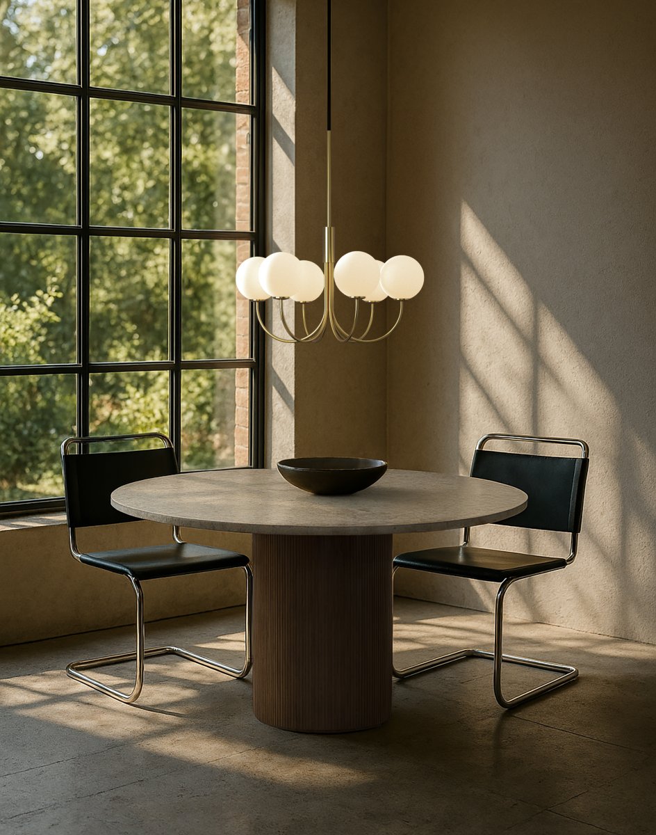 Ballon Ø60 Laiton suspension De Herstal - Les sph&egrave;res en verre opale cr&eacute;ent une lumi&egrave;re douce et tamis&eacute;e, tandis que la structure graphique en laiton apporte &eacute;quilibre et pr&eacute;sence.