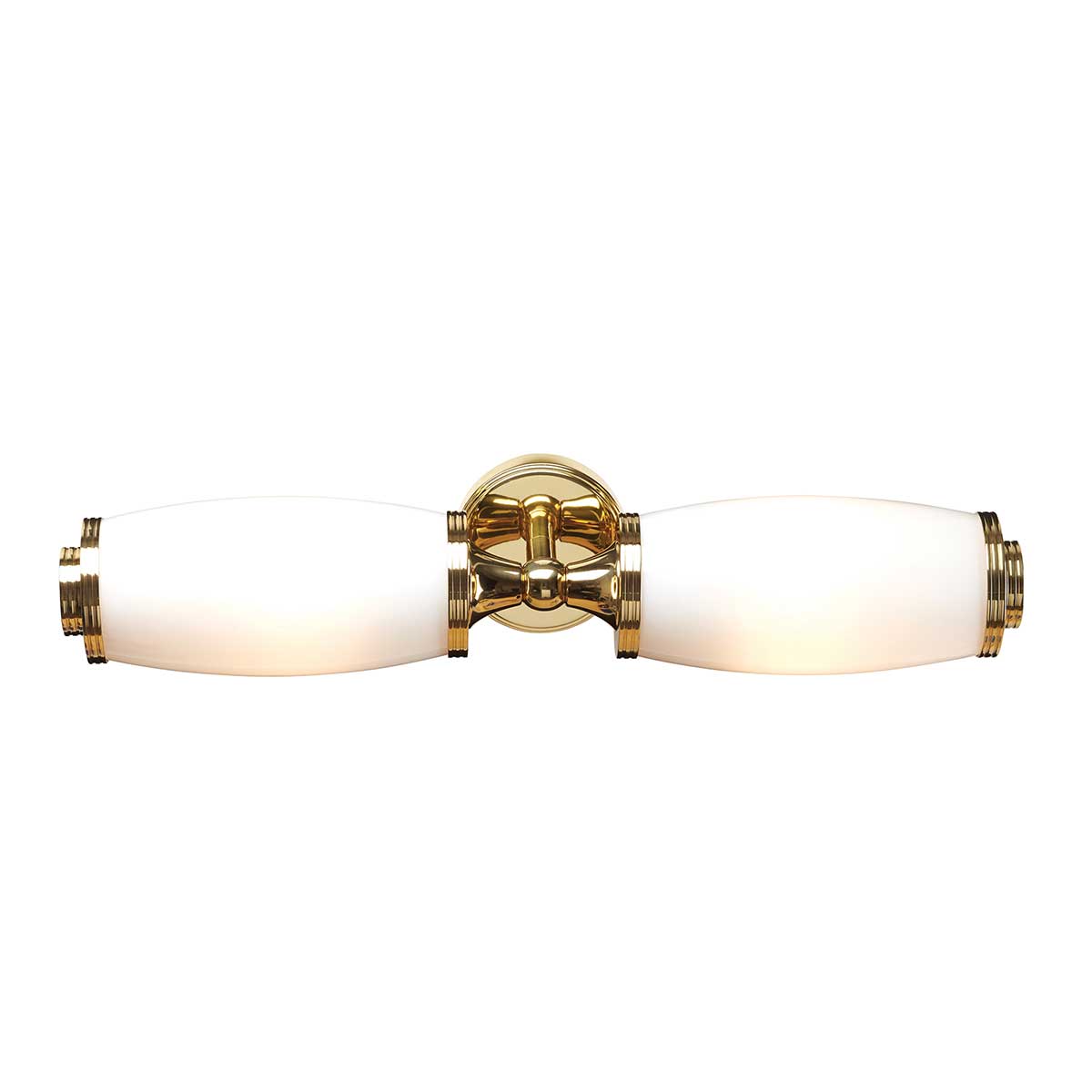 Eliot 47cm Laiton poli lampe de salle de bain De Elstead Lighting - Les abat-jour en verre opale diffusent une lumière douce et homogène, créant une ambiance agréable et raffinée.
