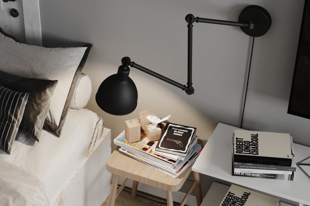 Bazar 122cm Noir applique murale De By Rydéns - Avec ses articulations flexibles et sa tête de lampe réglable, Bazar est parfaite comme lampe de lecture dans la chambre et comme source de lumière au-dessus du comptoir de la cuisine.