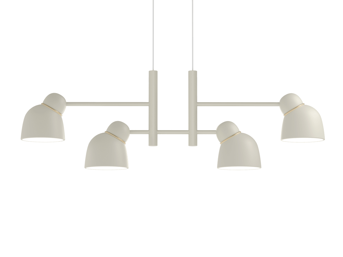 Bird 120cm Sable/laiton suspension De Belid - Avec deux options d'abat-jour, ce lustre offre une lumière douce et chaleureuse grâce au verre opale, ou une lumière plus concentrée grâce aux abat-jour en acier suédois.