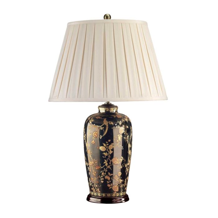 Black Birds 74cm Noir lampe de table De Elstead Lighting - Utrustad med en tr&auml;bas, veckad lampsk&auml;rm i kr&auml;mf&auml;rgad textil och en dekorativ avslutning i antikm&auml;ssing.