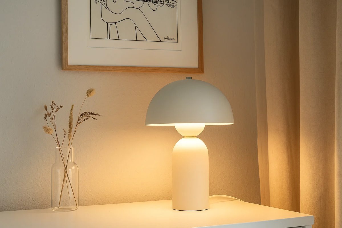 Capello 35cm Blanc lampe de table De Nordic Lighting - Le d&eacute;tail chrom&eacute; d&eacute;coratif sur le dessus apporte une touche d'&eacute;l&eacute;gance et en fait un magnifique point de mire dans les chambres, les salons et les couloirs.