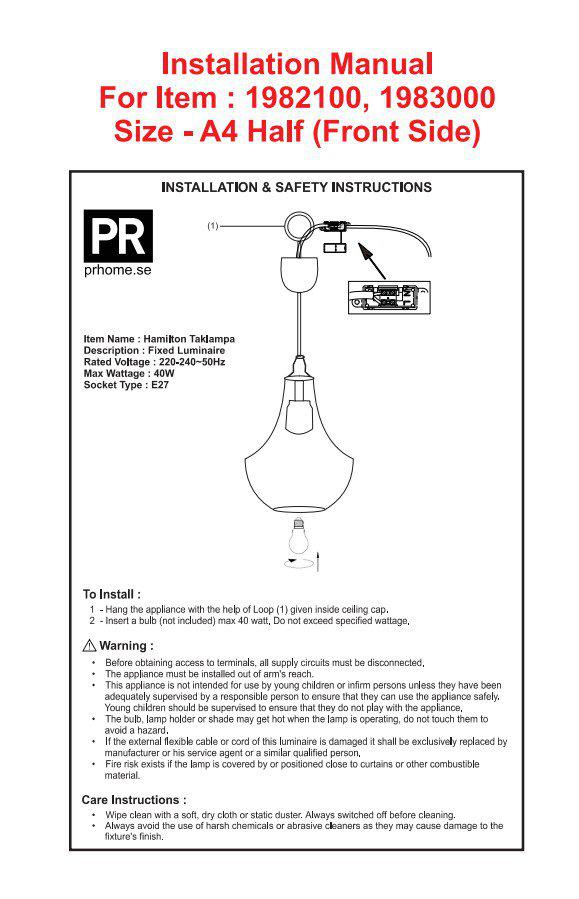 Hamilton Ø30 Transparent suspension De PR Home - C&acirc;ble textile noir de 1,5 m de long avec coupelle de plafond pour suspension par crochet.