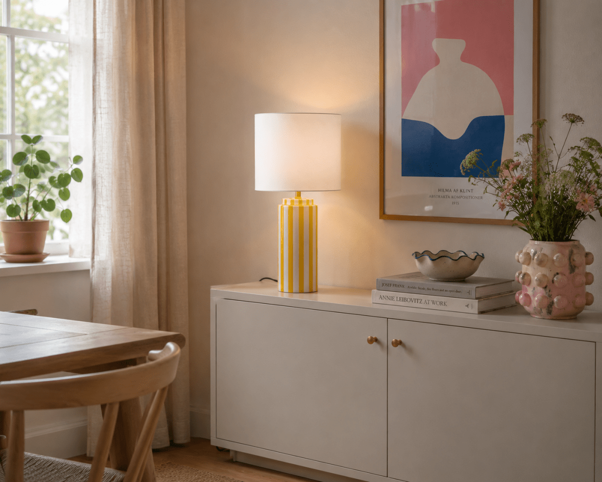 Faro 50cm Jaune/blanc lampe de table De Nordic Lighting - Faro est une lampe de table &eacute;l&eacute;gante qui allie forme classique et design graphique.
