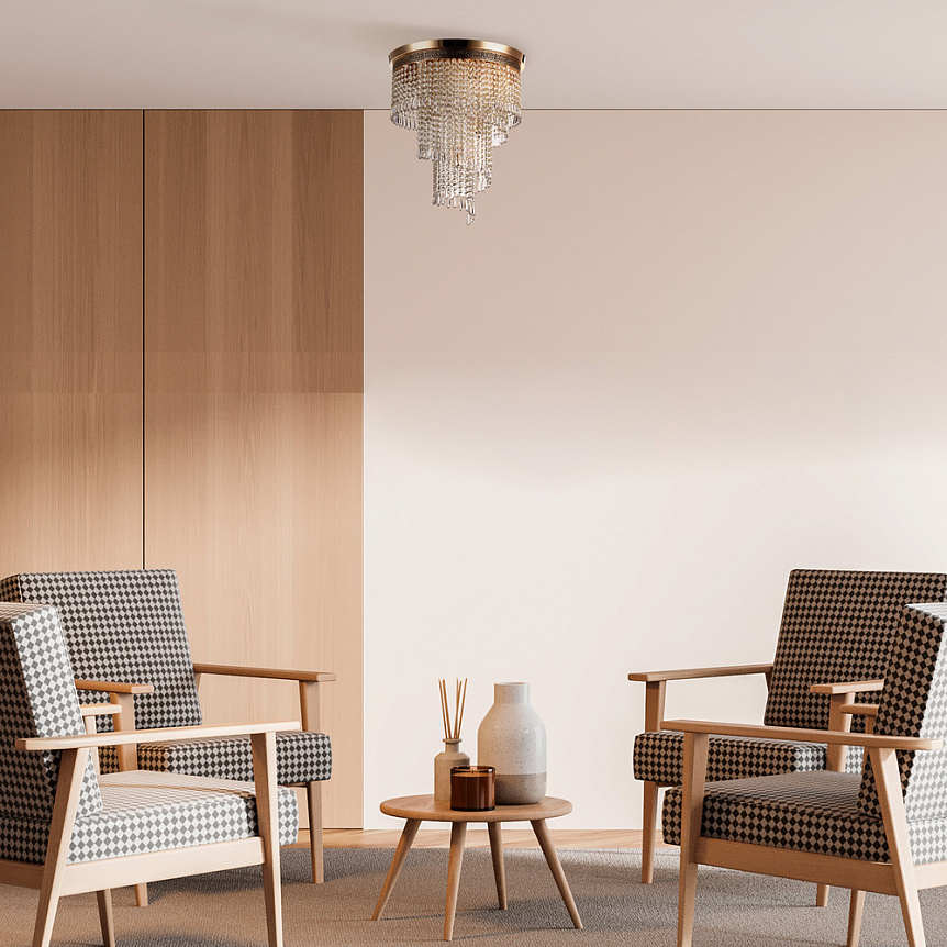 Cascade Ø42 Or cristal De Maytoni - Les prismes d&eacute;coratifs sont suspendus sur plusieurs niveaux et renferment les sources lumineuses, cr&eacute;ant un jeu de lumi&egrave;re rayonnant et une atmosph&egrave;re exclusive.