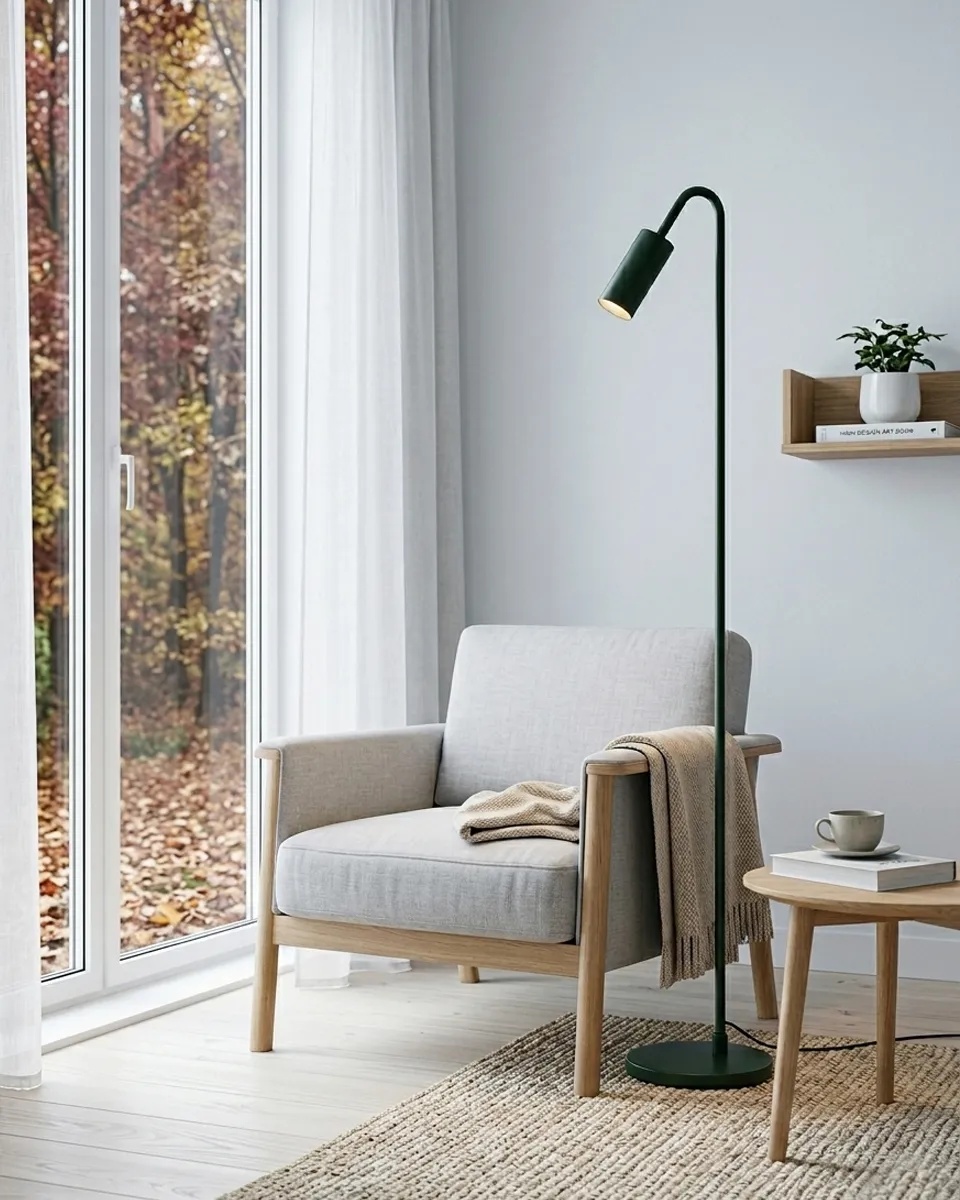 Curve vert foncé lampadaire De By Rydéns - Il est fourni avec un c&acirc;ble en plastique noir de 2,5 m de long, un interrupteur au pied et une prise secteur.