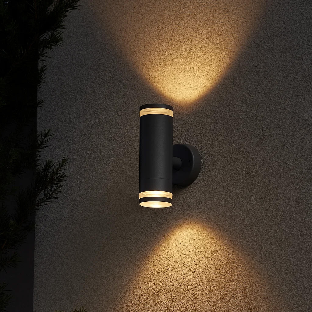 Cylinder Duo Anthracite lampe d’extérieur De Lampan - Lampan lyser fint b&aring;de upp och ner p&aring; v&auml;ggen.